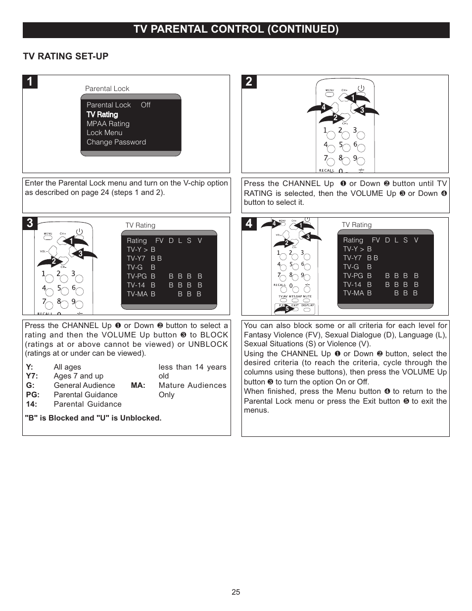 Tv parental control (continued), Tv rating set-up | Memorex MT2024 User Manual | Page 26 / 36