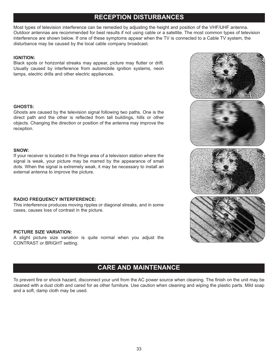 Reception disturbances care and maintenance | Memorex MT2024 User Manual | Page 34 / 36