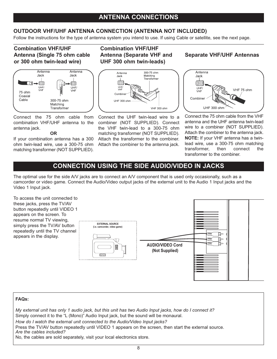 Antenna connections, Connection using the side audio/video in jacks | Memorex MT2024 User Manual | Page 9 / 36