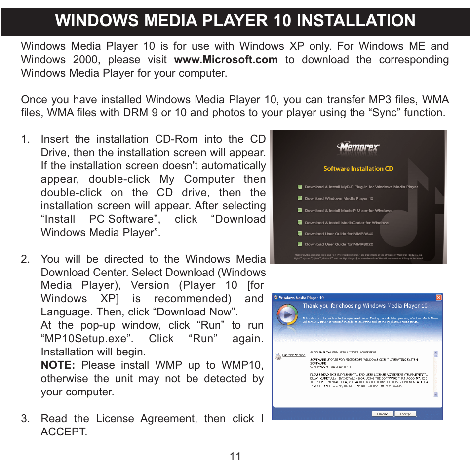 Windows media player 10 installation | Memorex MMP8620 User Manual | Page 11 / 74