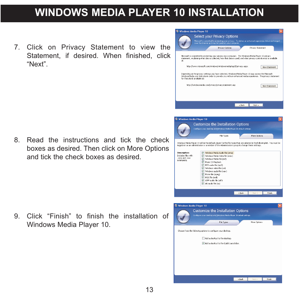 Windows media player 10 installation | Memorex MMP8620 User Manual | Page 13 / 74