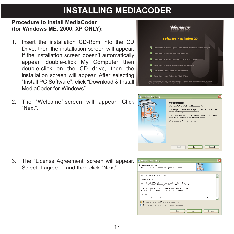 Installing mediacoder | Memorex MMP8620 User Manual | Page 17 / 74