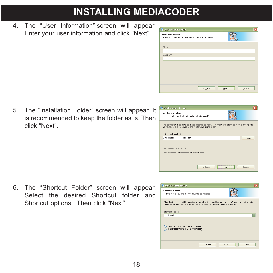 Installing mediacoder | Memorex MMP8620 User Manual | Page 18 / 74