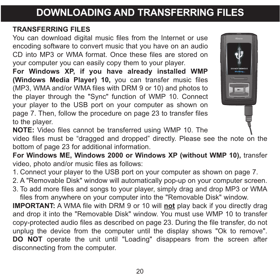 Downloading and transferring files | Memorex MMP8620 User Manual | Page 20 / 74
