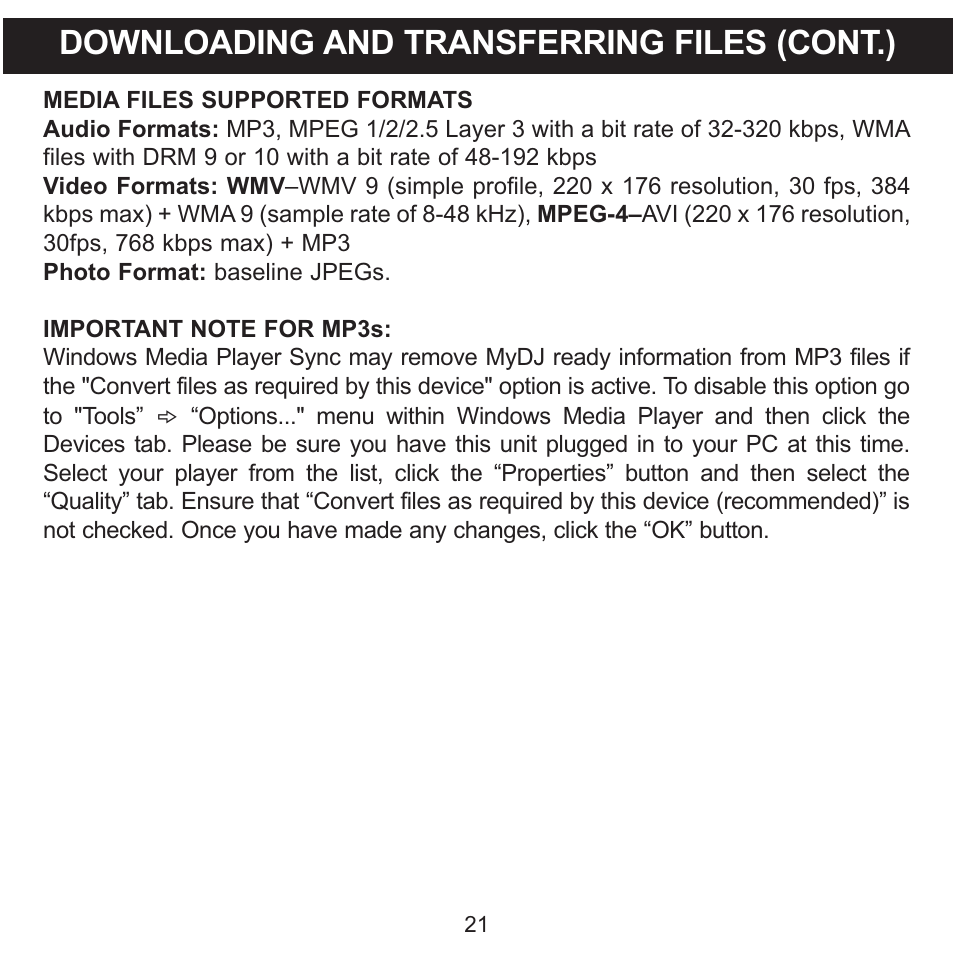 Downloading and transferring files (cont.) | Memorex MMP8620 User Manual | Page 21 / 74