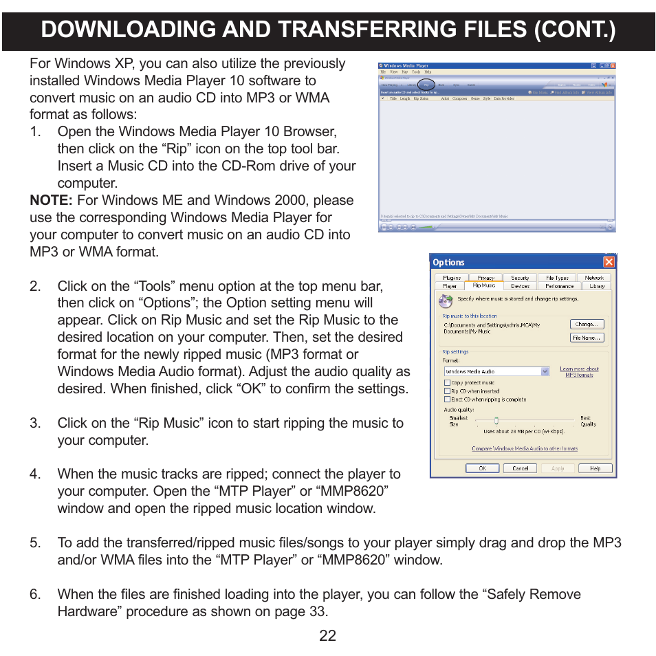 Downloading and transferring files (cont.) | Memorex MMP8620 User Manual | Page 22 / 74