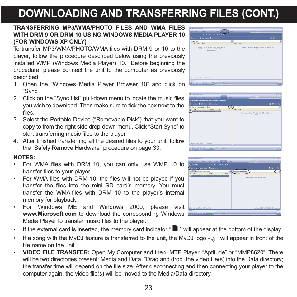 Downloading and transferring files (cont.) | Memorex MMP8620 User Manual | Page 23 / 74