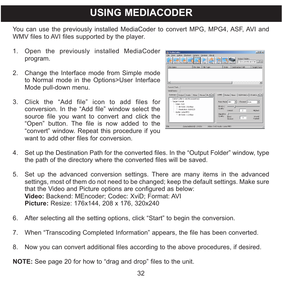 Using mediacoder | Memorex MMP8620 User Manual | Page 32 / 74
