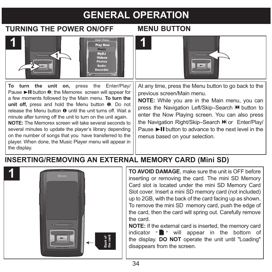 General operation | Memorex MMP8620 User Manual | Page 34 / 74