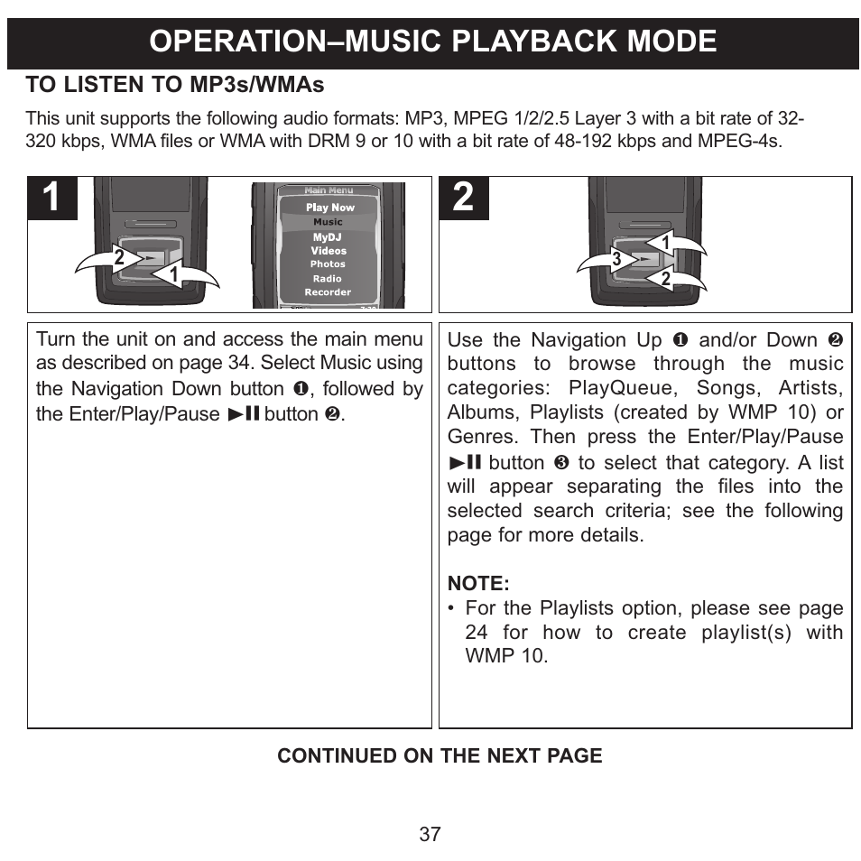 Operation–music playback mode | Memorex MMP8620 User Manual | Page 37 / 74