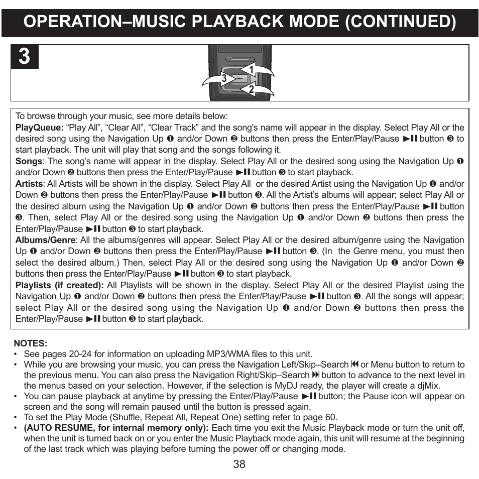 Operation–music playback mode (continued) | Memorex MMP8620 User Manual | Page 38 / 74