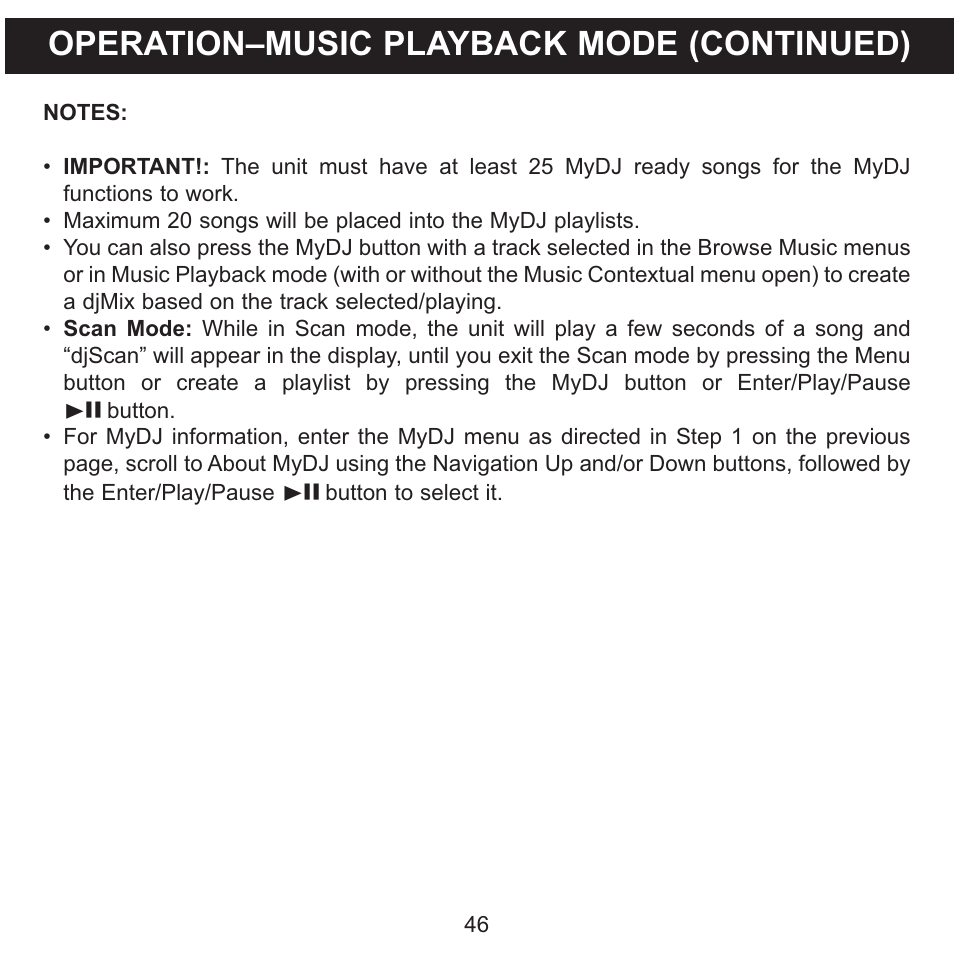 Operation–music playback mode (continued) | Memorex MMP8620 User Manual | Page 46 / 74
