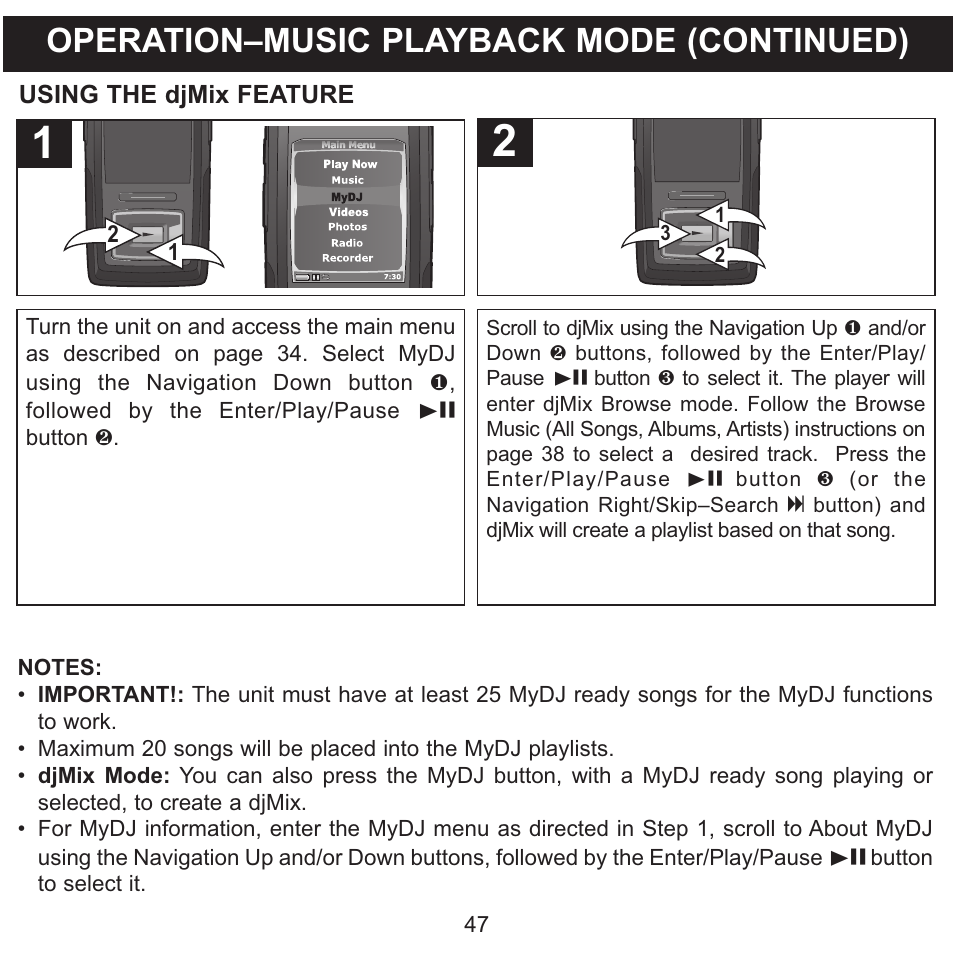 Operation–music playback mode (continued) | Memorex MMP8620 User Manual | Page 47 / 74