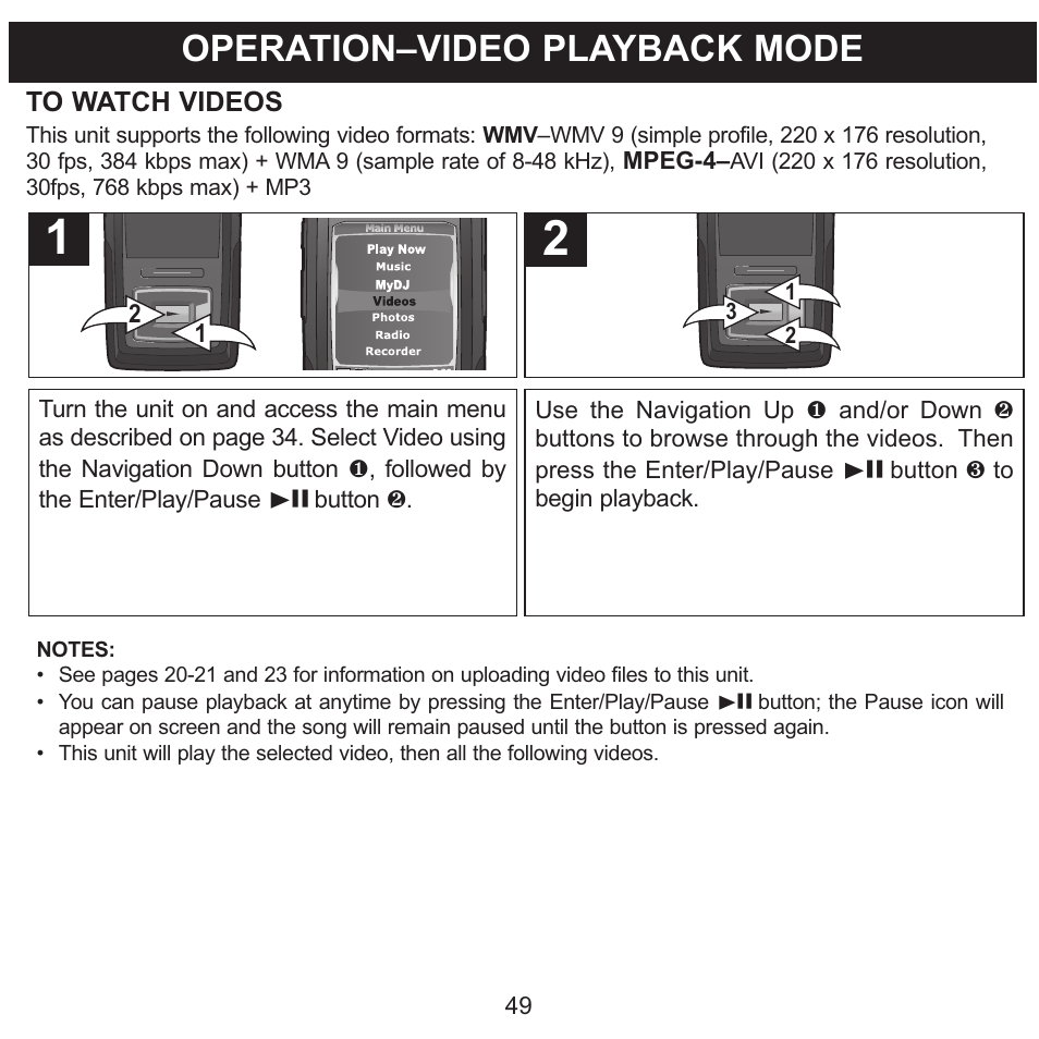 Operation–video playback mode | Memorex MMP8620 User Manual | Page 49 / 74