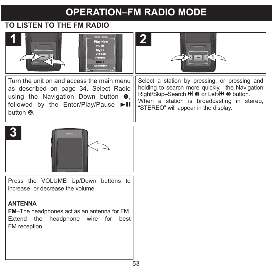 Operation–fm radio mode | Memorex MMP8620 User Manual | Page 53 / 74