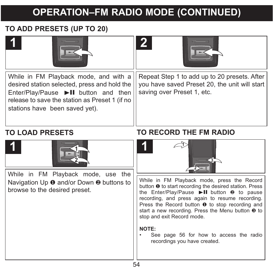 Operation–fm radio mode (continued) | Memorex MMP8620 User Manual | Page 54 / 74
