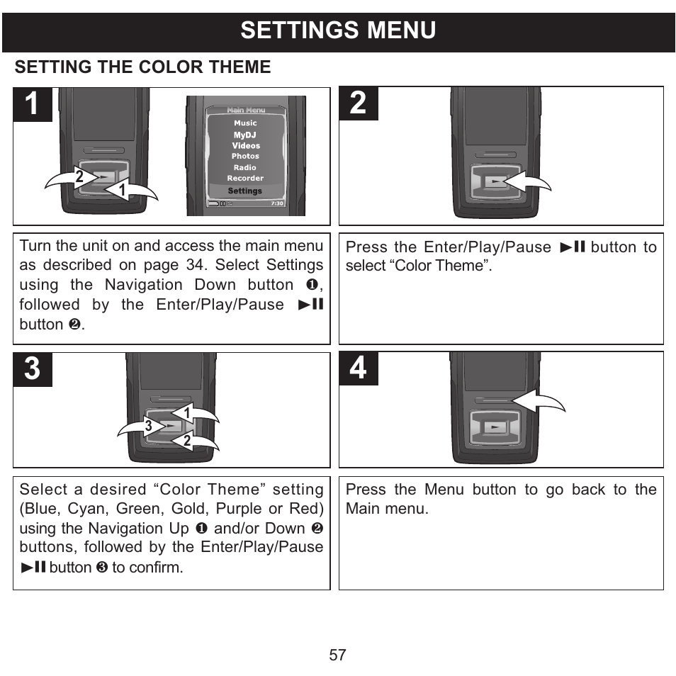 Settings menu | Memorex MMP8620 User Manual | Page 57 / 74