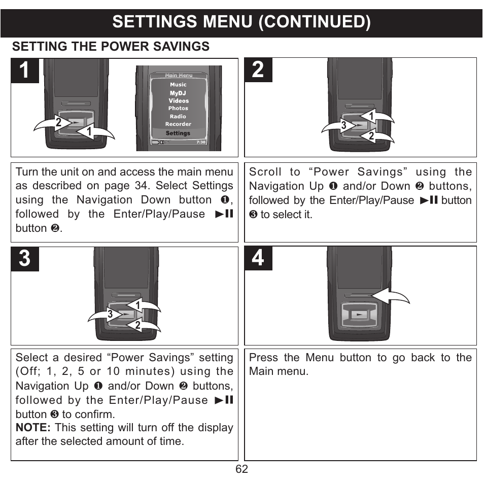 Settings menu (continued) | Memorex MMP8620 User Manual | Page 62 / 74