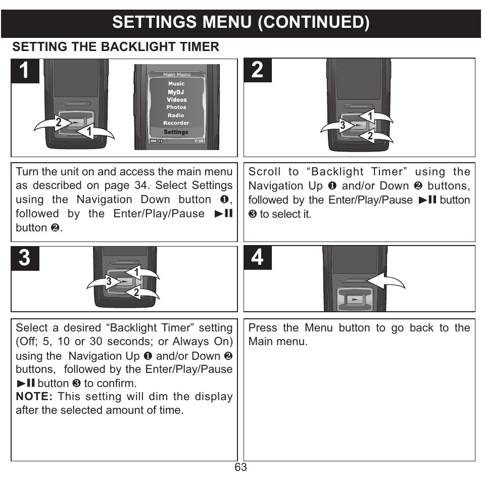 Settings menu (continued) | Memorex MMP8620 User Manual | Page 63 / 74