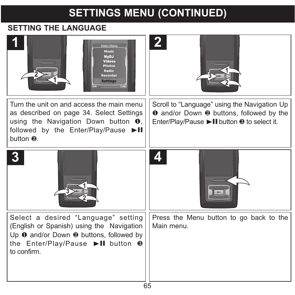 Settings menu (continued) | Memorex MMP8620 User Manual | Page 65 / 74