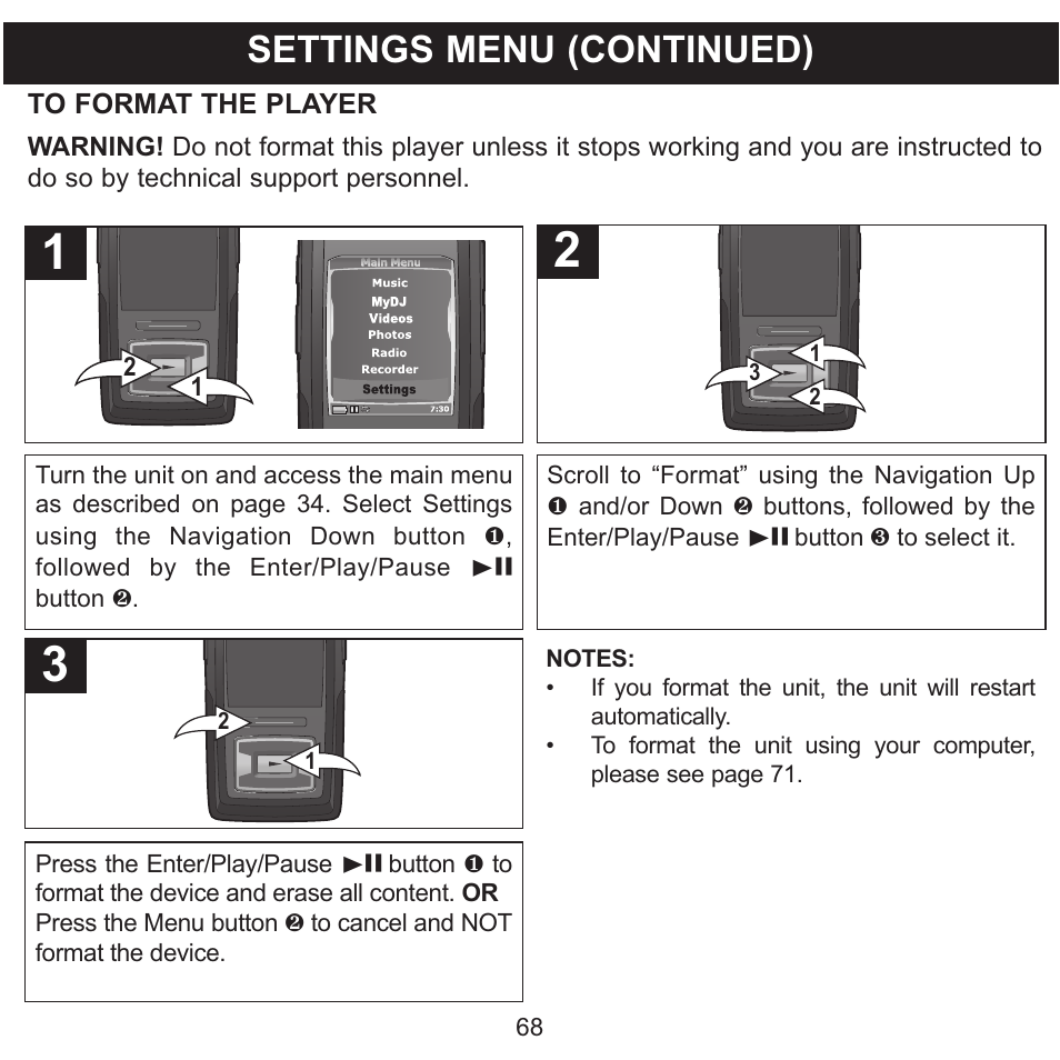 Settings menu (continued) | Memorex MMP8620 User Manual | Page 68 / 74