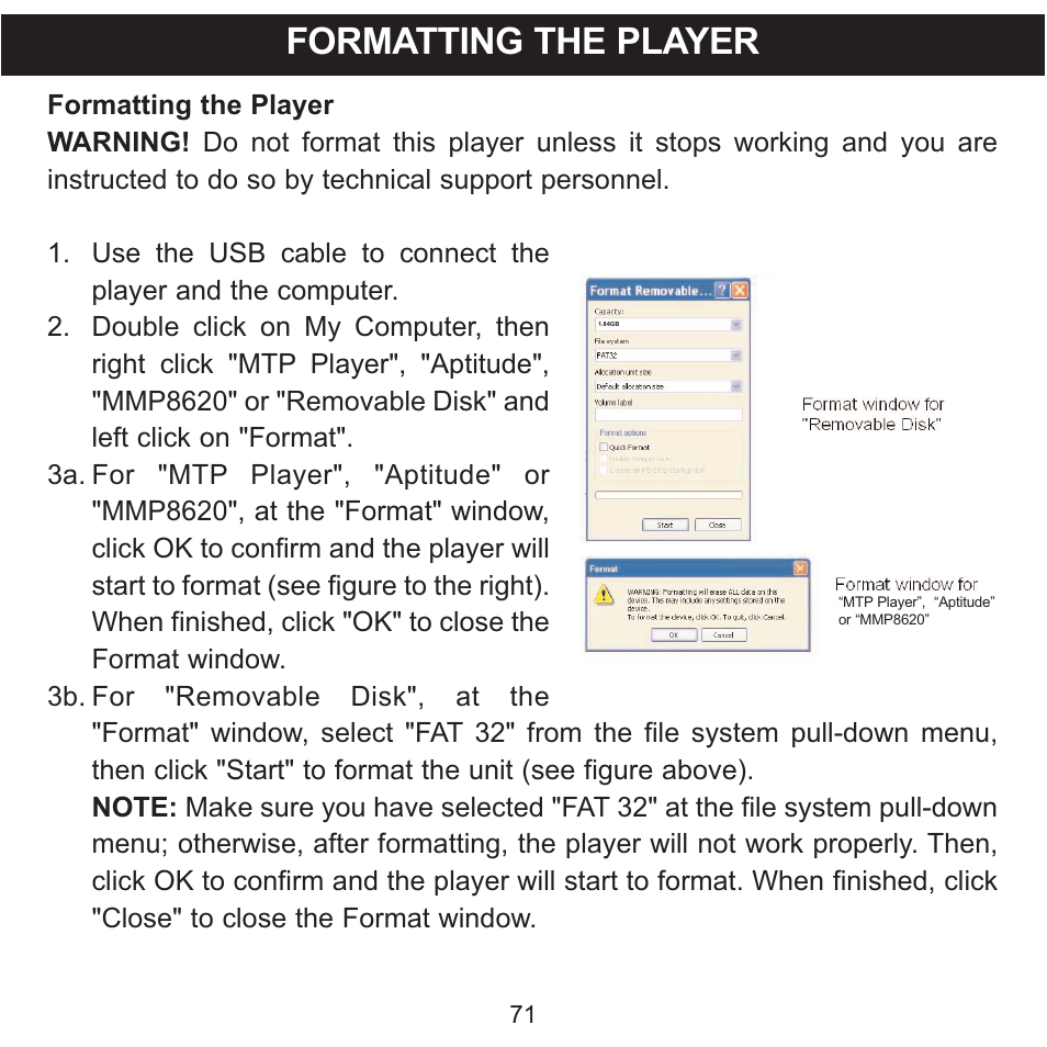 Formatting the player | Memorex MMP8620 User Manual | Page 71 / 74