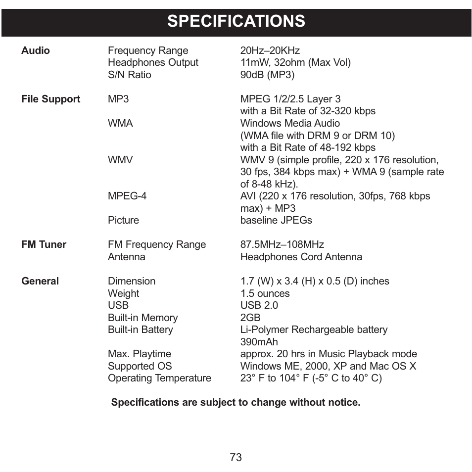 Specifications | Memorex MMP8620 User Manual | Page 73 / 74