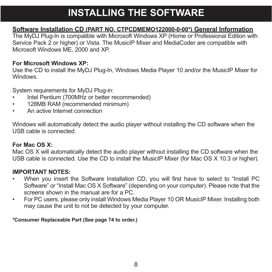 Installing the software | Memorex MMP8620 User Manual | Page 8 / 74