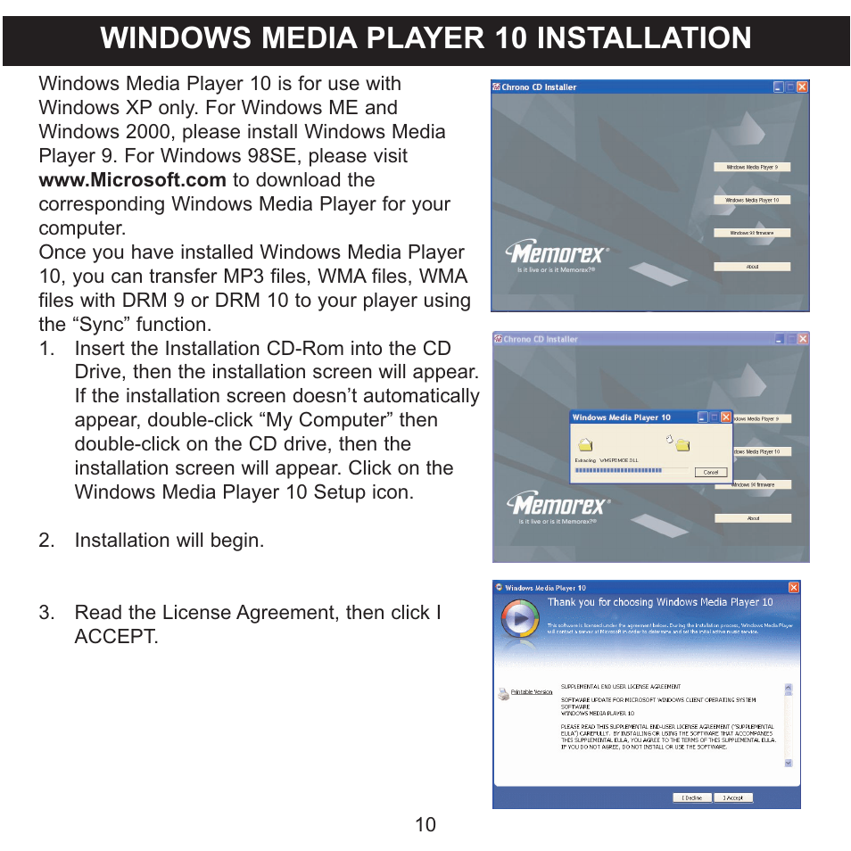Windows media player 10 installation | Memorex MMP8575 User Manual | Page 11 / 36