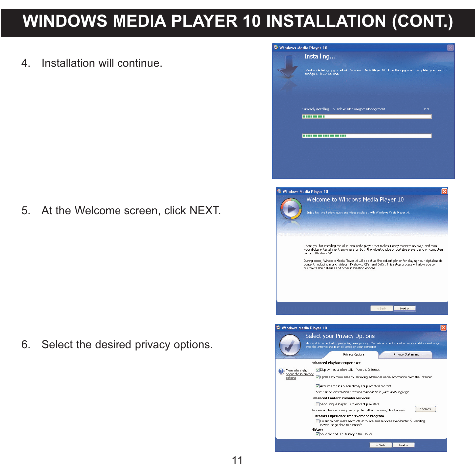 Windows media player 10 installation (cont.) | Memorex MMP8575 User Manual | Page 12 / 36