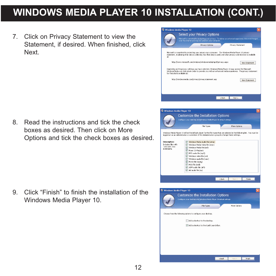 Windows media player 10 installation (cont.) | Memorex MMP8575 User Manual | Page 13 / 36
