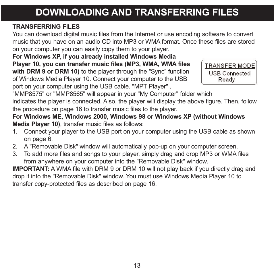 Downloading and transferring files | Memorex MMP8575 User Manual | Page 14 / 36