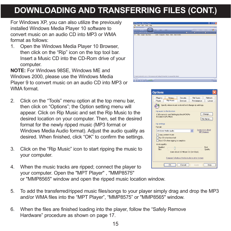 Downloading and transferring files (cont.) | Memorex MMP8575 User Manual | Page 16 / 36