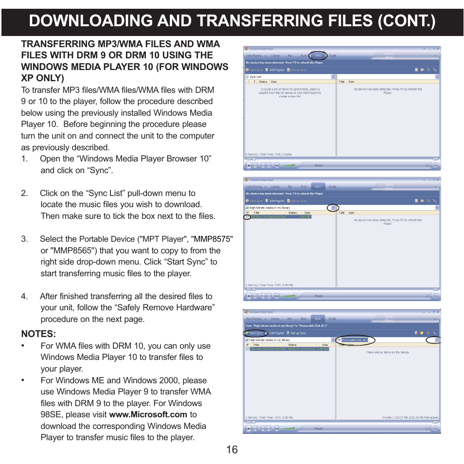 Downloading and transferring files (cont.) | Memorex MMP8575 User Manual | Page 17 / 36
