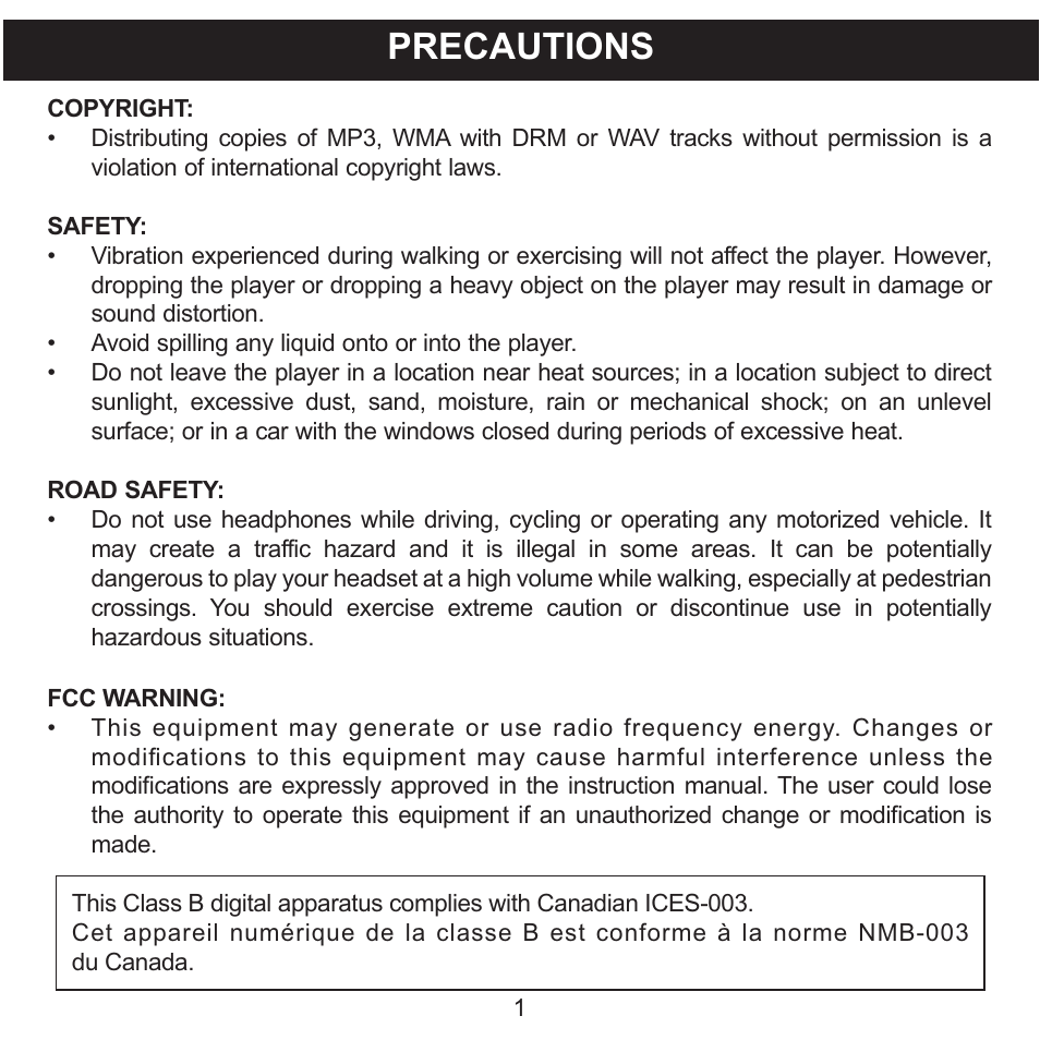 Precautions | Memorex MMP8575 User Manual | Page 2 / 36
