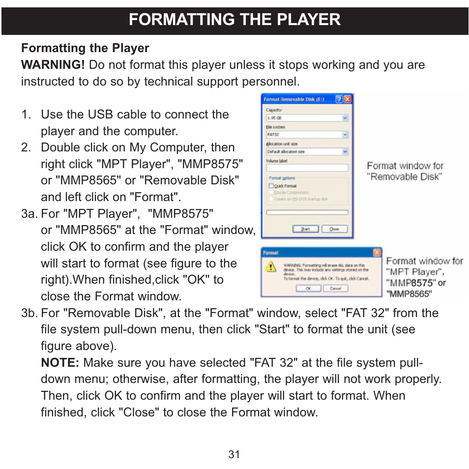 Formatting the player | Memorex MMP8575 User Manual | Page 32 / 36