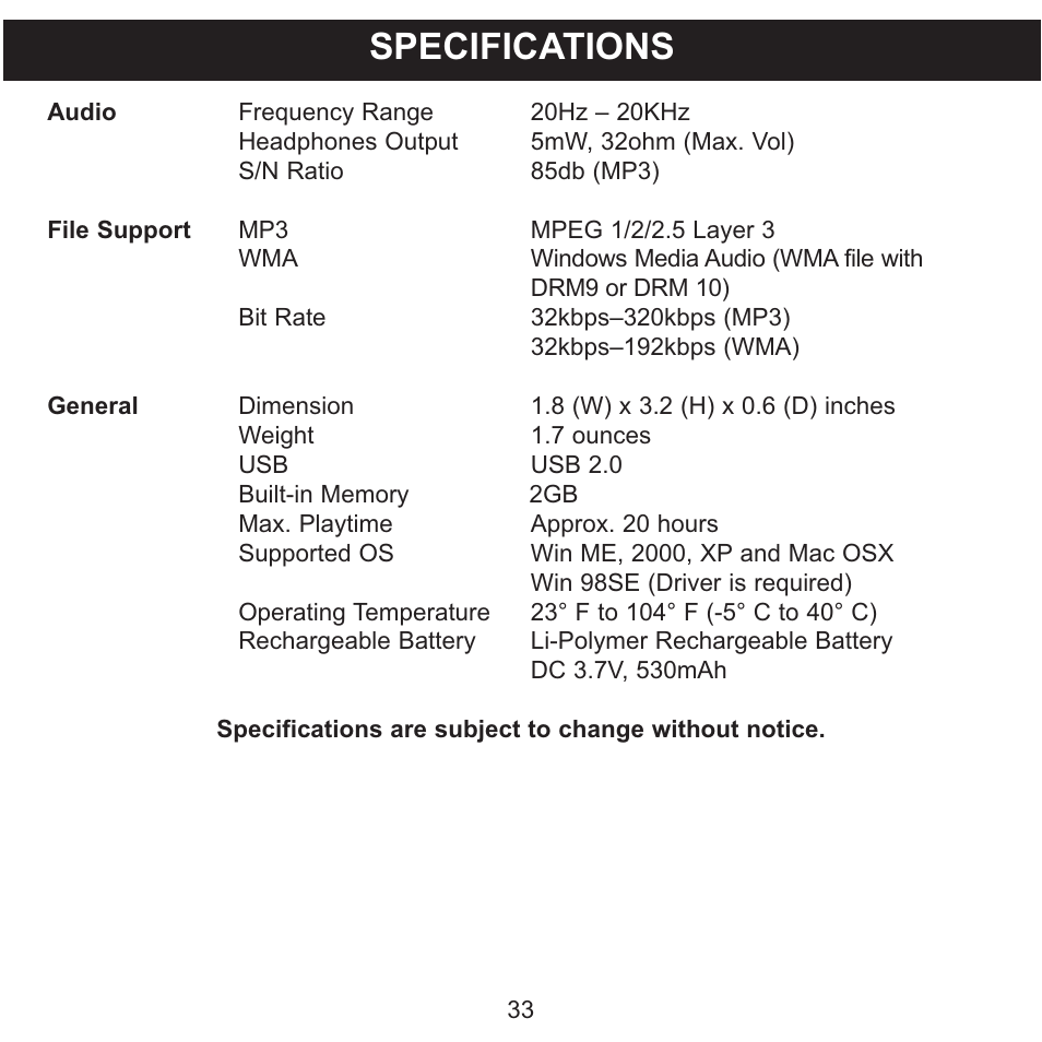 Specifications | Memorex MMP8575 User Manual | Page 34 / 36