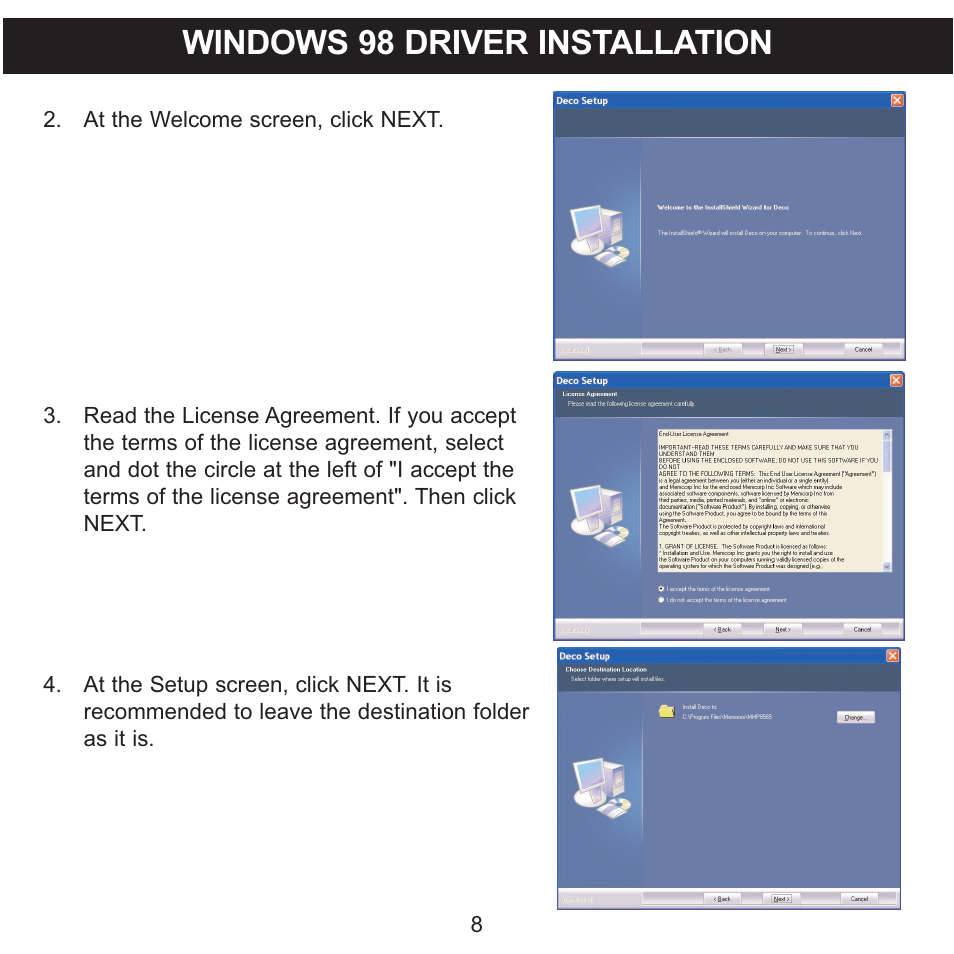 Windows 98 driver installation | Memorex MMP8575 User Manual | Page 9 / 36