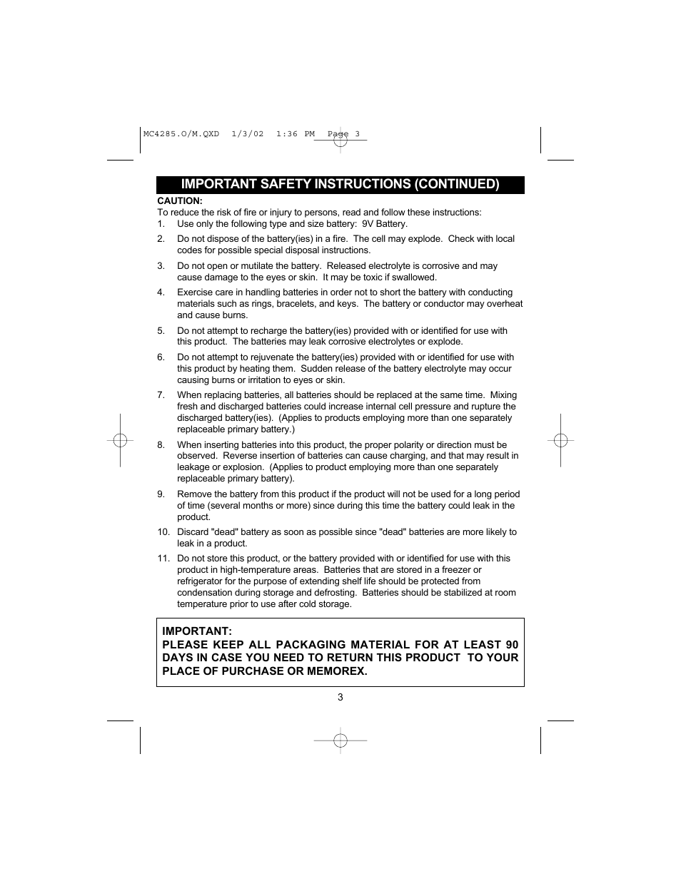 Important safety instructions (continued) | Memorex MC4285 User Manual | Page 4 / 19
