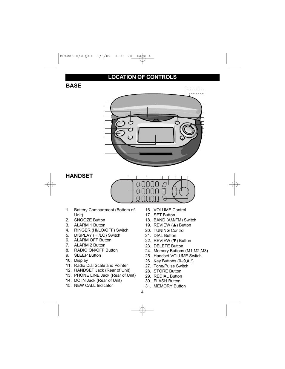 Location of controls, Handset base | Memorex MC4285 User Manual | Page 5 / 19