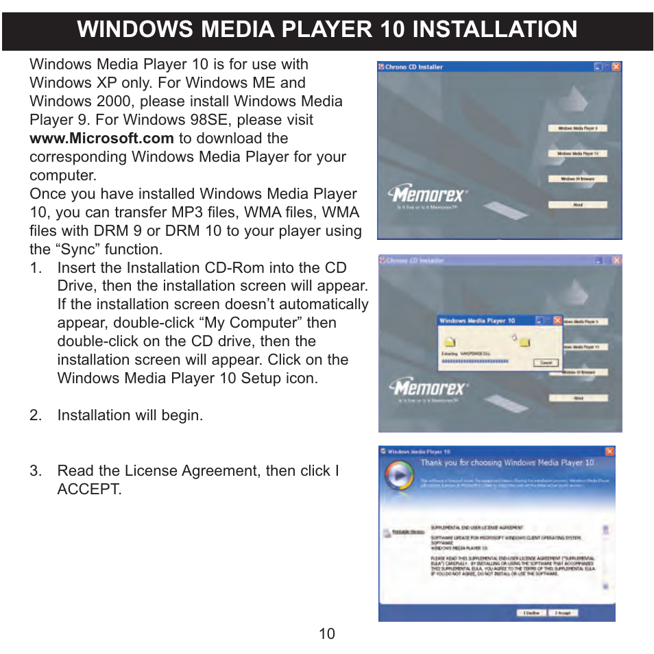 Windows media player 10 installation | Memorex MMP3774 User Manual | Page 11 / 40