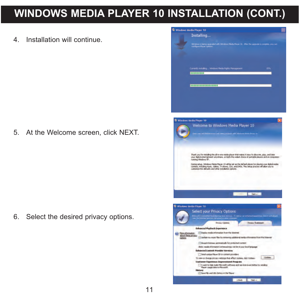 Windows media player 10 installation (cont.) | Memorex MMP3774 User Manual | Page 12 / 40