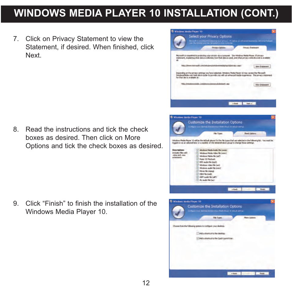 Windows media player 10 installation (cont.) | Memorex MMP3774 User Manual | Page 13 / 40