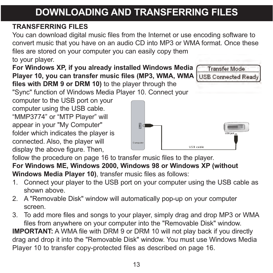 Downloading and transferring files | Memorex MMP3774 User Manual | Page 14 / 40