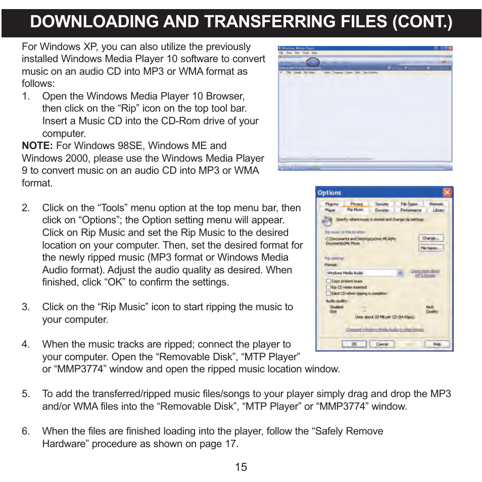 Downloading and transferring files (cont.) | Memorex MMP3774 User Manual | Page 16 / 40
