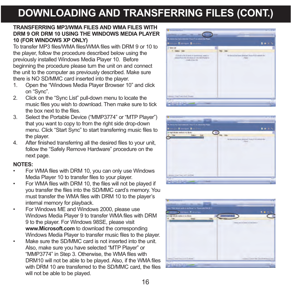 Downloading and transferring files (cont.) | Memorex MMP3774 User Manual | Page 17 / 40
