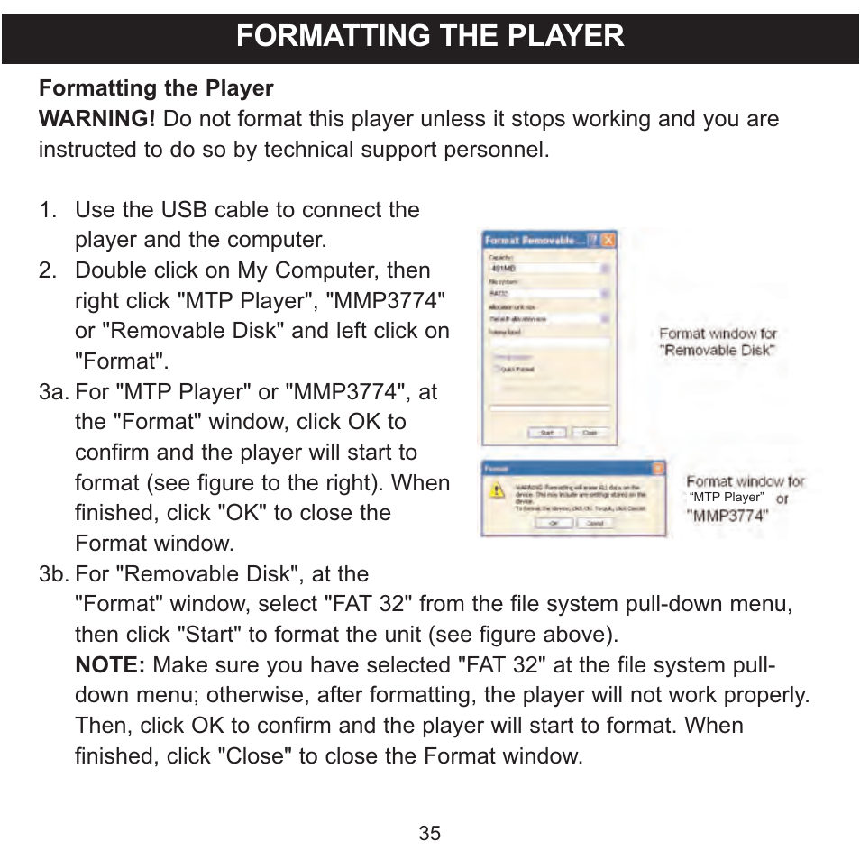 Formatting the player | Memorex MMP3774 User Manual | Page 36 / 40