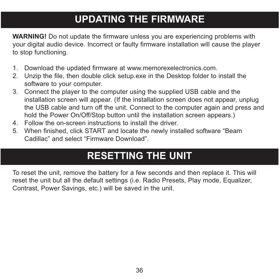 Updating the firmware, Resetting the unit | Memorex MMP3774 User Manual | Page 37 / 40