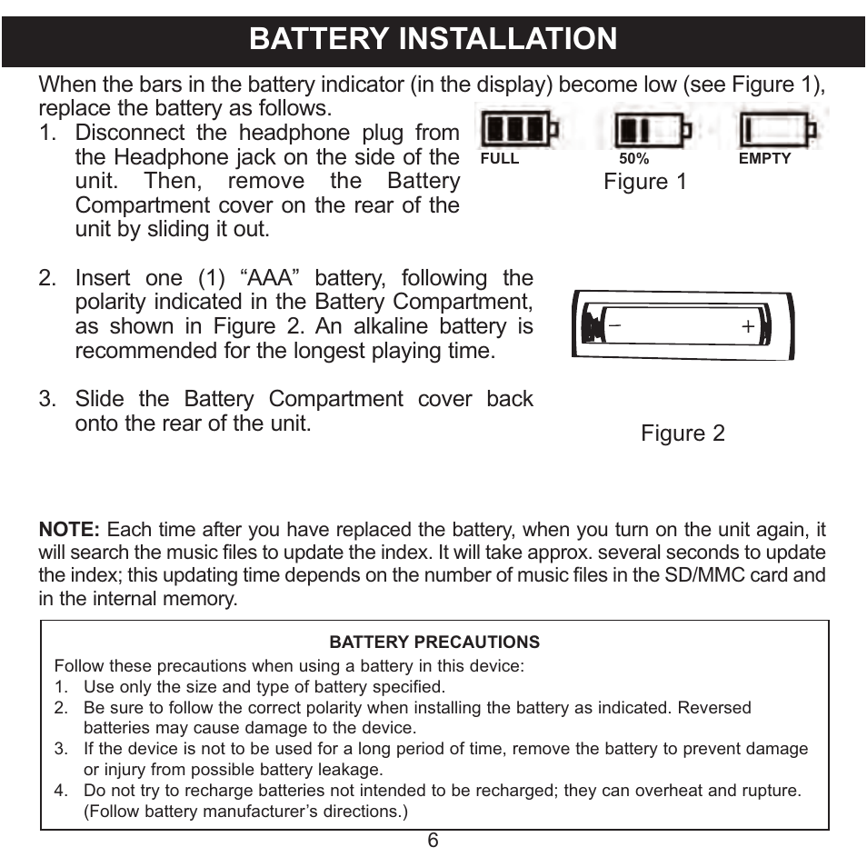 Battery installation | Memorex MMP3774 User Manual | Page 7 / 40