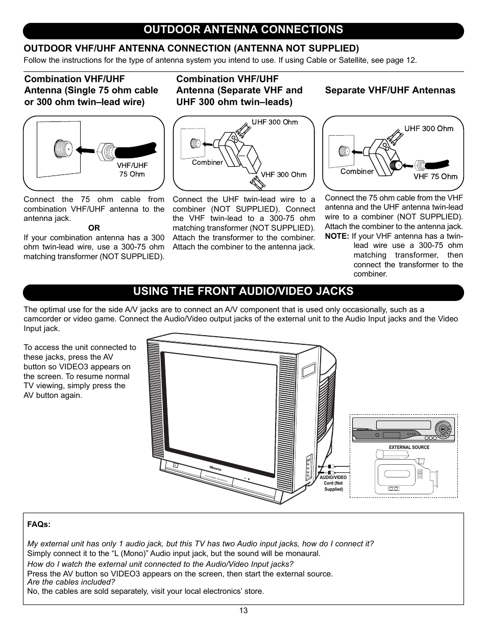 Outdoor antenna connections, Using the front audio/video jacks | Memorex MT2245 User Manual | Page 14 / 39